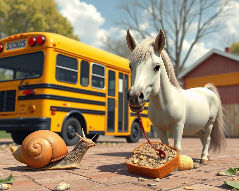 school bus, pony, snail, banana, bread